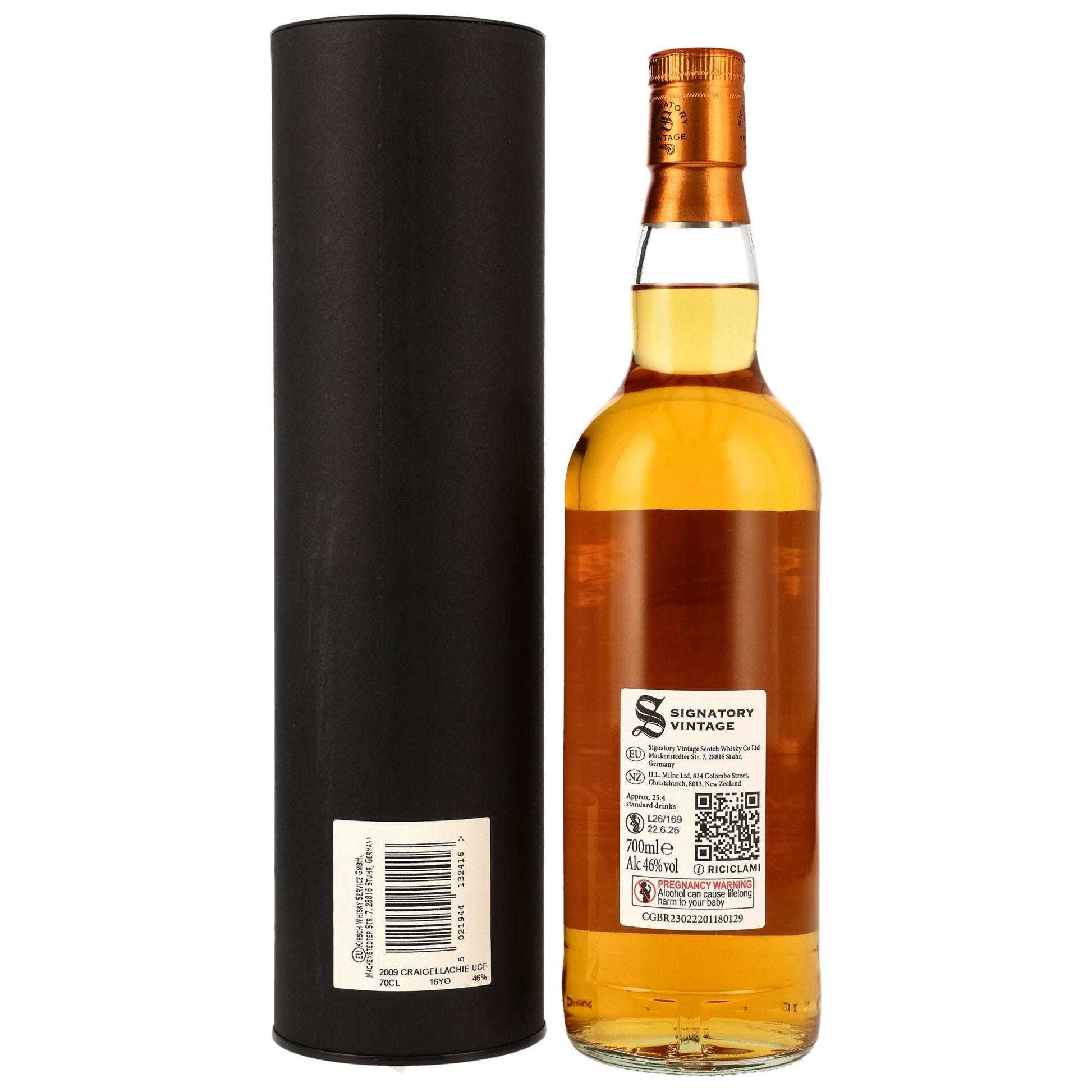 Schwarzbach Spirits Craigellachie 16 Jahre Single Malt Whisky Flasche mit schwarzer Dose und Signatory Vintage Etikett
