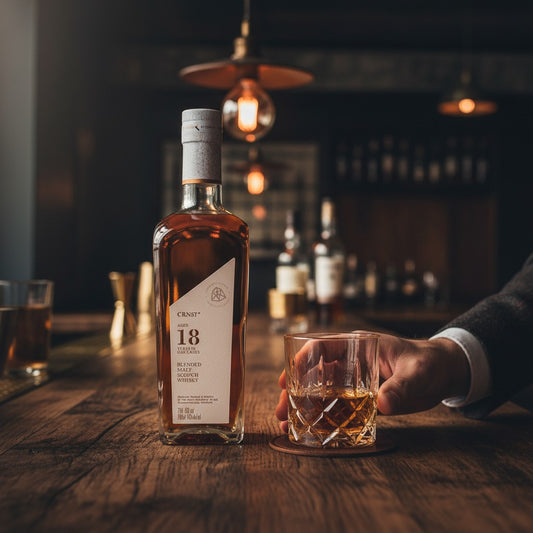 Schwarzbach Spirits CRN57 18 Years Blended Malt Scotch Whisky, 43% Vol., 70cl bottle. Rich amber liquid with a creamy, fruity profile.