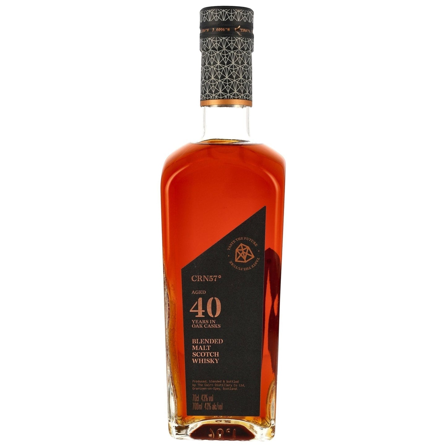 Schwarzbach Spirits CRN57 40 Jahre Blended Malt Scotch Whisky in Glasflasche, 43% Vol., 0.7L, bernsteinfarben, mit Noten von Haselnuss, Kaffee und Sherry.