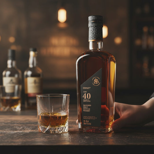Schwarzbach Spirits CRN57 40 Years Blended Malt Scotch Whisky, aged in oak casks, 43% Vol. Rich amber liquid.