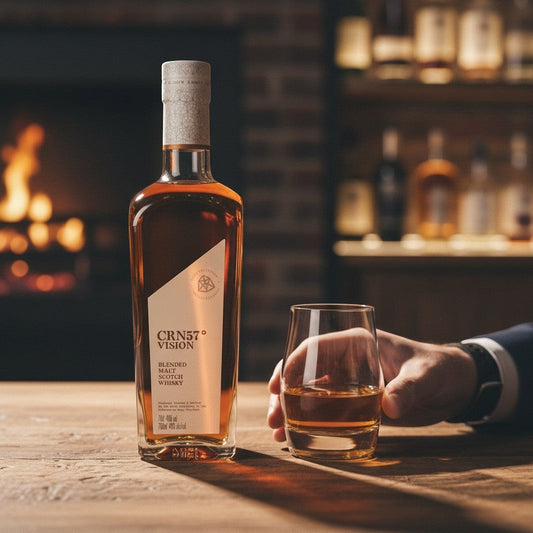 Schwarzbach Spirits CRN57 Vision Blended Malt Scotch Whisky bottle and glass on a wooden table, with a fireplace in the background.