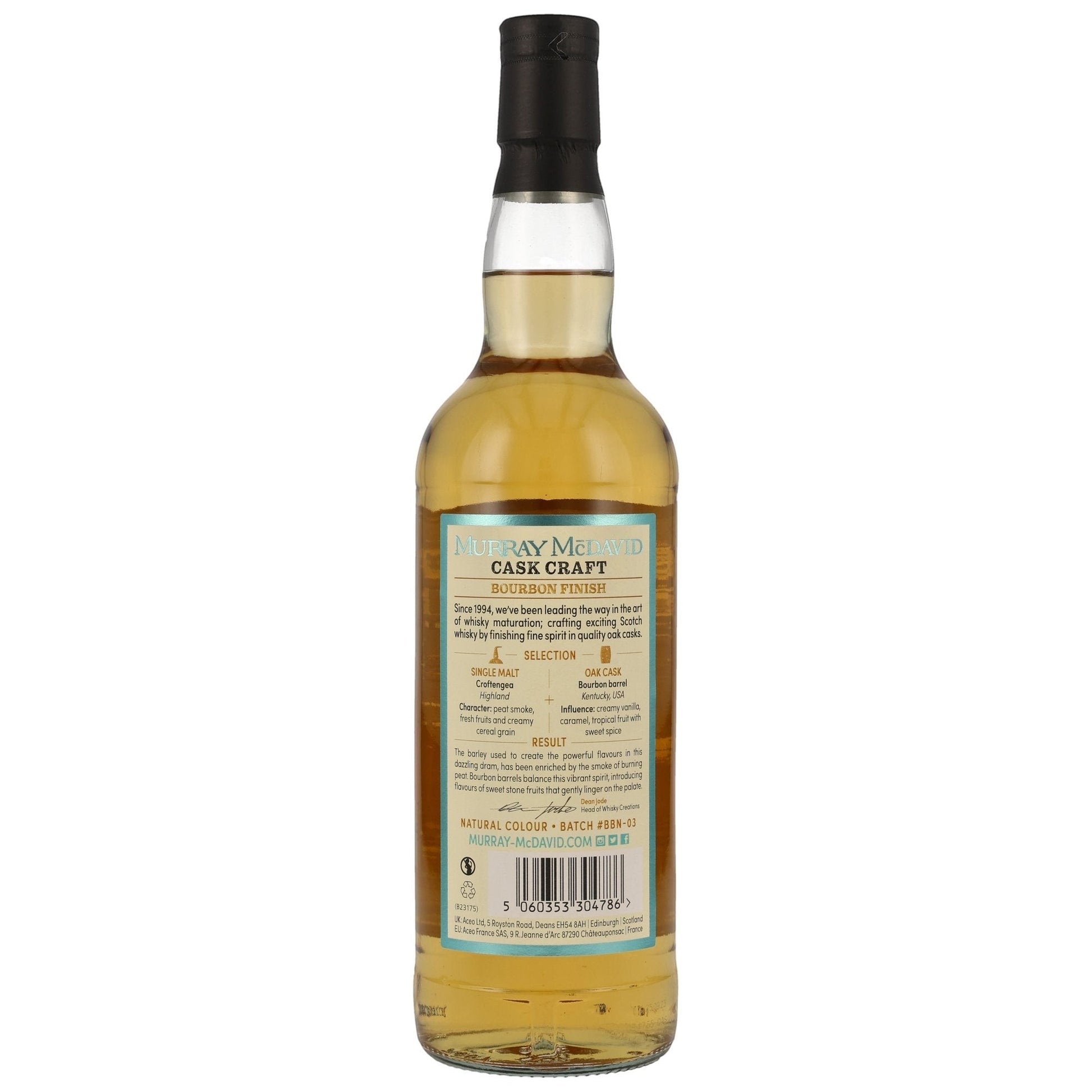 Schwarzbach Spirits Croftengea Bourbon Cask Finish Whisky Flasche mit detailliertem Etikett der Cask Craft Collection