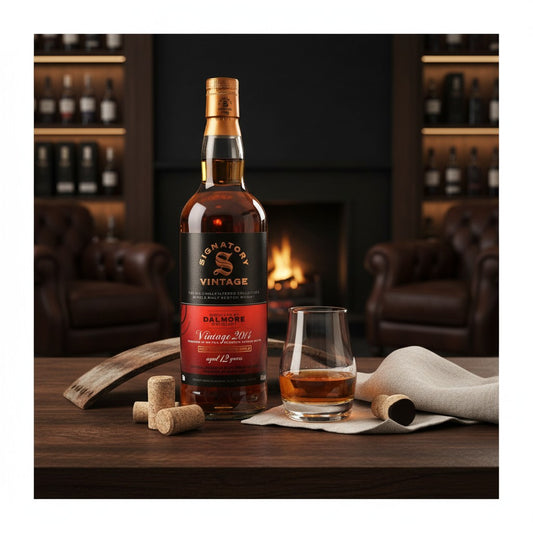 Schwarzbach Spirits Dalmore 12 Jahre Signatory Vintage Whisky Flasche mit Glas auf Holztisch vor Kamin