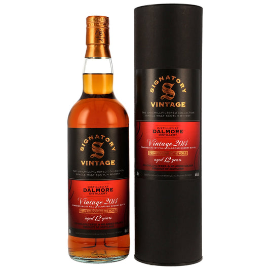 Schwarzbach Spirits Dalmore 12 Jahre Signatory Vintage Whisky Flasche mit schwarzer Geschenkverpackung und Etikett