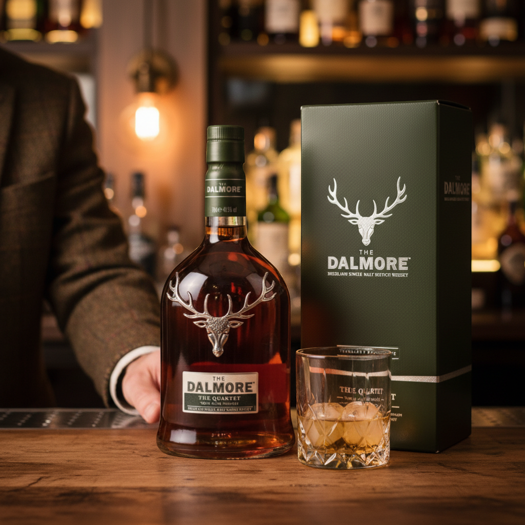 Schwarzbach Spirits The Dalmore Quartet Highland Single Malt Scotch Whisky, 70cl bottle with 41.5% vol, presented in a green gift box with stag emblem.
