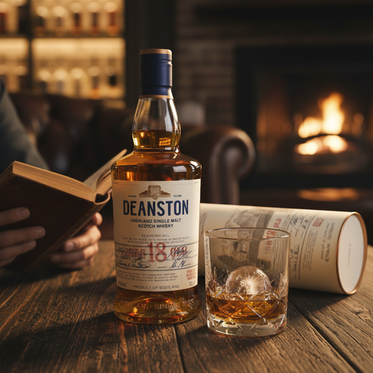 Schwarzbach Spirits Deanston 18 Year Old Highland Single Malt Scotch Whisky, 46.3% Vol., 700ml bottle and tube. Rich amber liquid with notes of vanilla, caramel, honey, dried apricots, nuts, and oak.