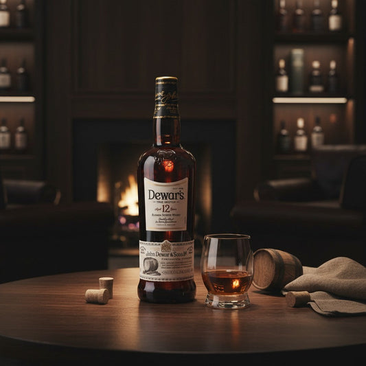 Schwarzbach Spirits Dewar's 12 Jahre The Ancestor Blended Scotch Whisky Flasche mit Glas vor einem Kamin