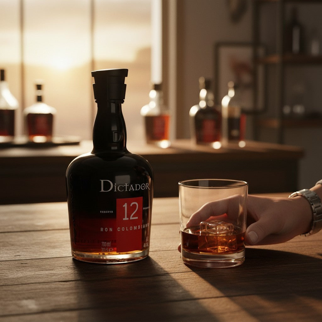 Schwarzbach Spirits: Dictador 12 Jahre Ron Colombiano Rum in dunkler Flasche mit Eiswürfeln im Glas.