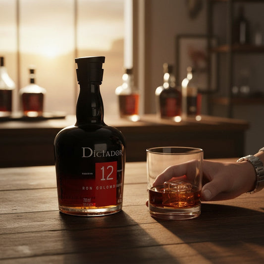 Schwarzbach Spirits: Dictador 12 Jahre Ron Colombiano Rum in dunkler Flasche mit Eiswürfeln im Glas.