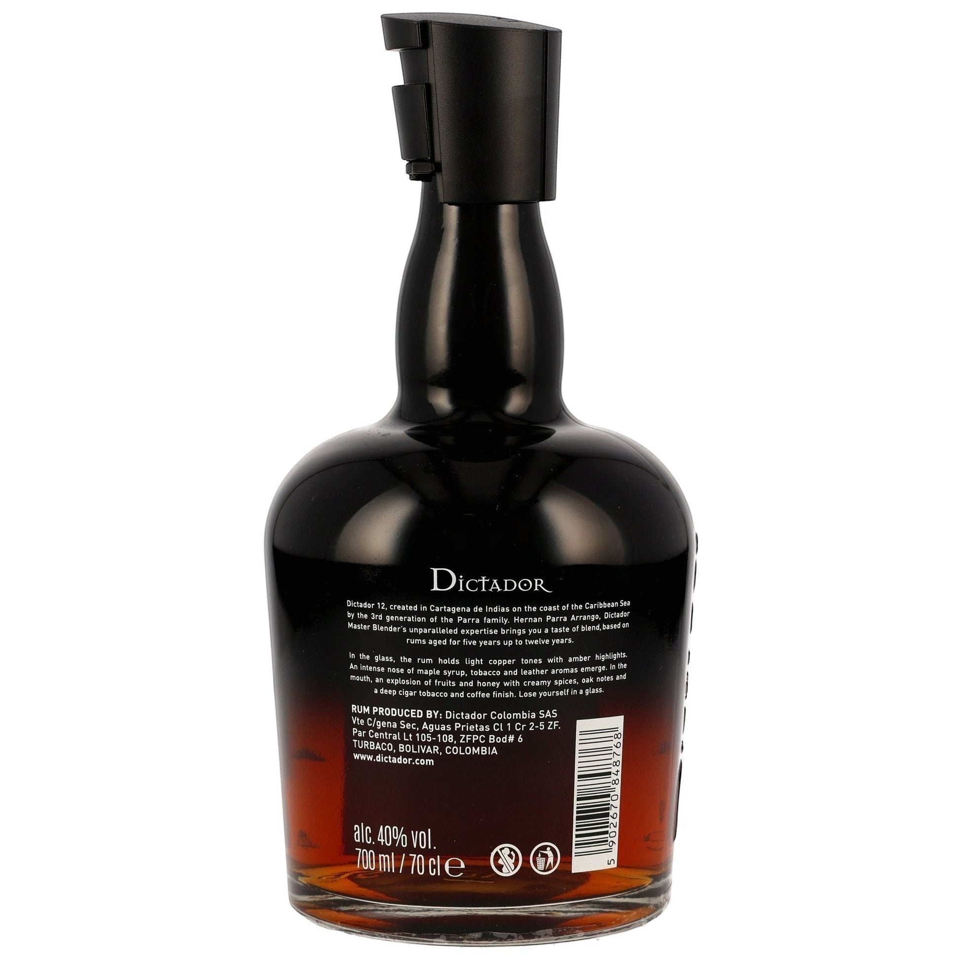 Schwarzbach Spirits DICTADOR 12 Jahre Ron Colombiano Rum, 40% Vol., 700 ml, bernsteinfarben, aus Zuckerrohrhonig im Solera-Verfahren gereift.