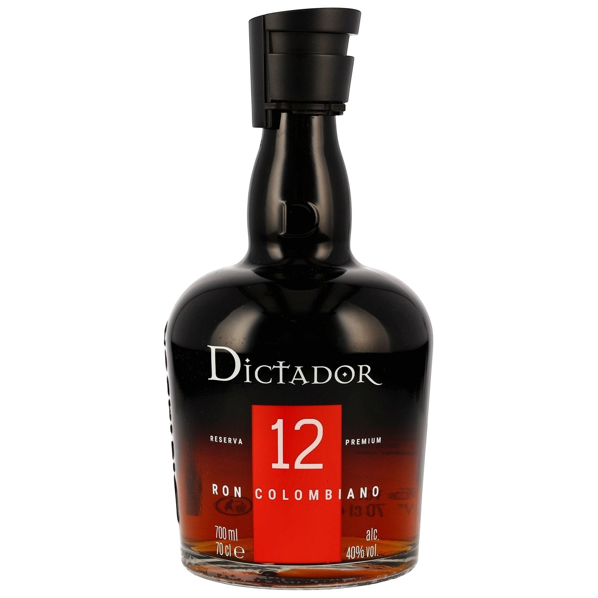 Schwarzbach Spirits - Dictador 12 Jahre Ron Colombiano, 40% Vol., 700ml Flasche mit schwarzem Verschluss und rotem Etikett mit der Zahl 12.