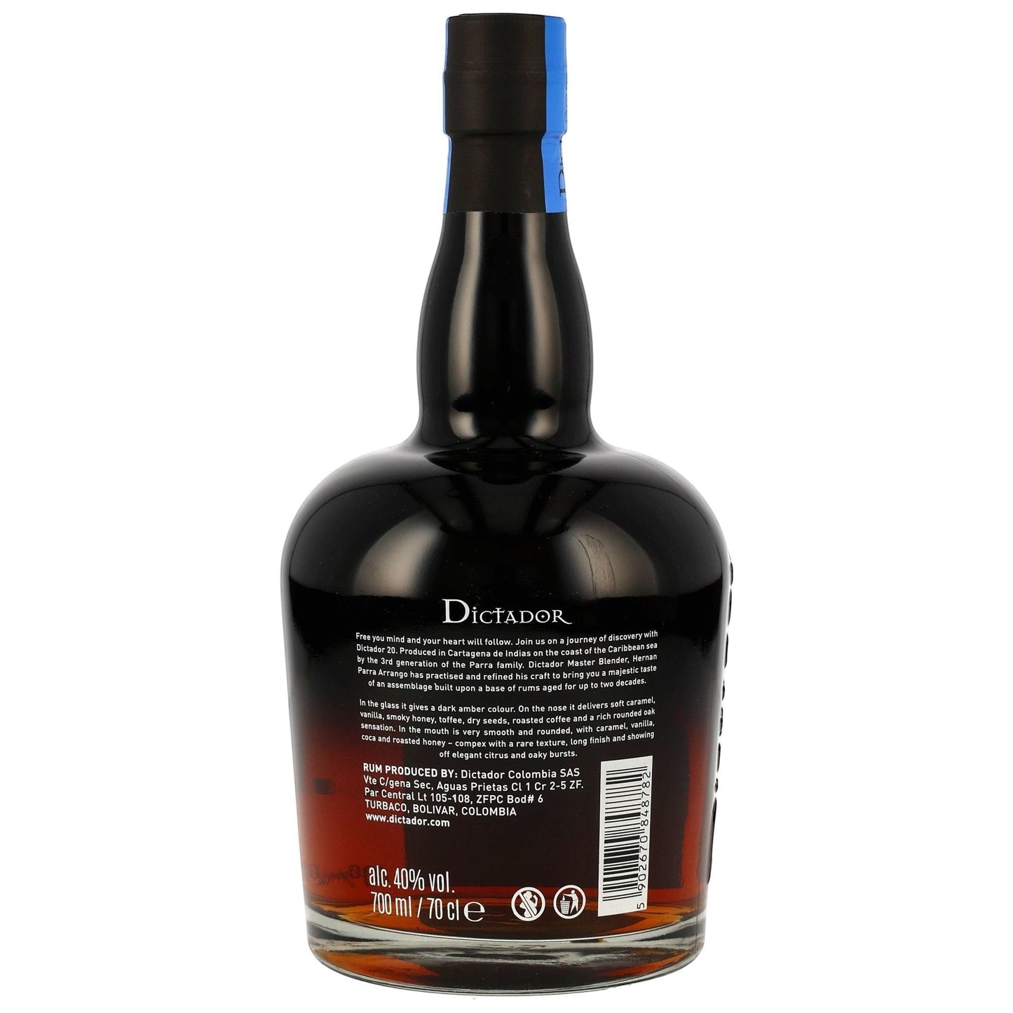 Schwarzbach Spirits DICTADOR 20 Jahre Icon Reserve Rum, 40% Vol., 700ml. Dunkle Bernsteinfarbe, Noten von Vanille, Karamell, Kaffee und Kakao.