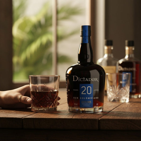 Schwarzbach Spirits: Dunkle Flasche Dictador 20 Jahre Rum mit einem Glas Rum daneben, 40% Vol., 700ml.