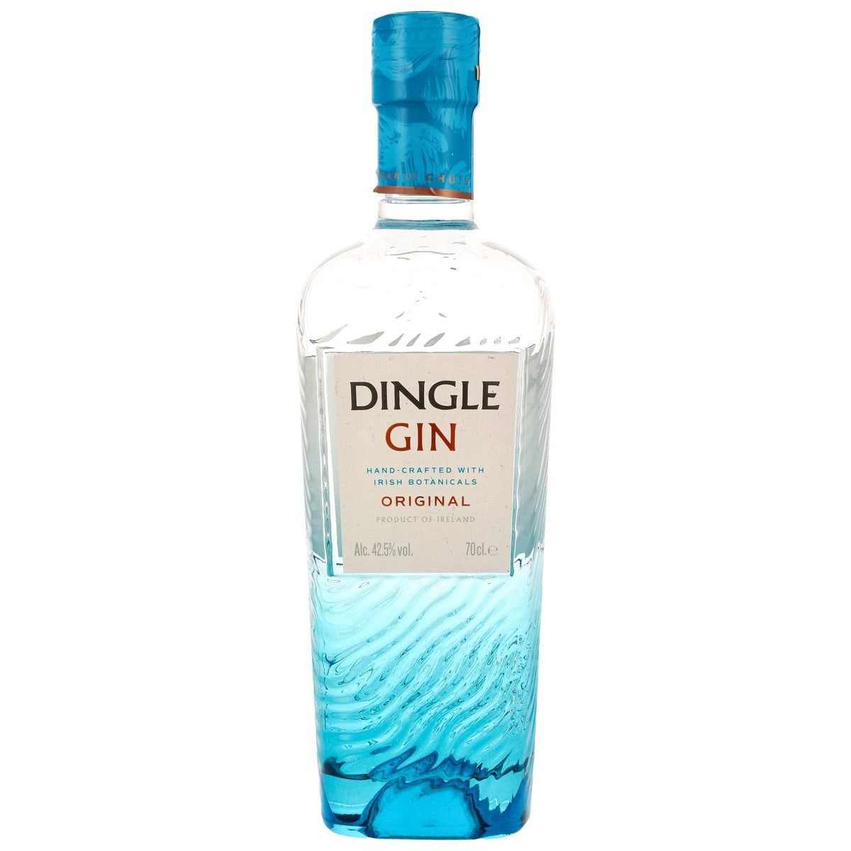 Schwarzbach Spirits Dingle Gin Flasche mit blauem Farbverlauf und irischen Botanicals auf weißem Hintergrund