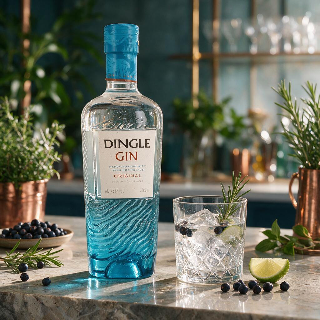 Schwarzbach Spirits Dingle Gin Flasche neben einem Glas Gin Tonic mit Limette und Rosmarin auf einem Steintisch