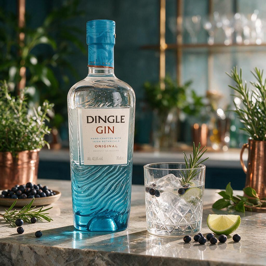 Schwarzbach Spirits Dingle Gin Flasche neben einem Glas Gin Tonic mit Limette und Rosmarin auf einem Steintisch