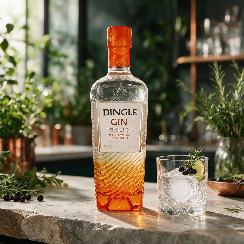 Schwarzbach Spirits Dingle Gin Orange & Sea Salt Flasche neben einem Glas Gin Tonic auf einem Steintisch