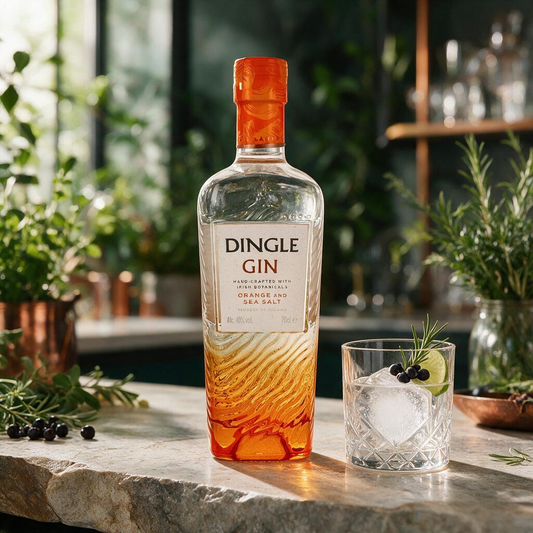 Schwarzbach Spirits Dingle Gin Orange & Sea Salt Flasche neben einem Glas Gin Tonic auf einem Steintisch