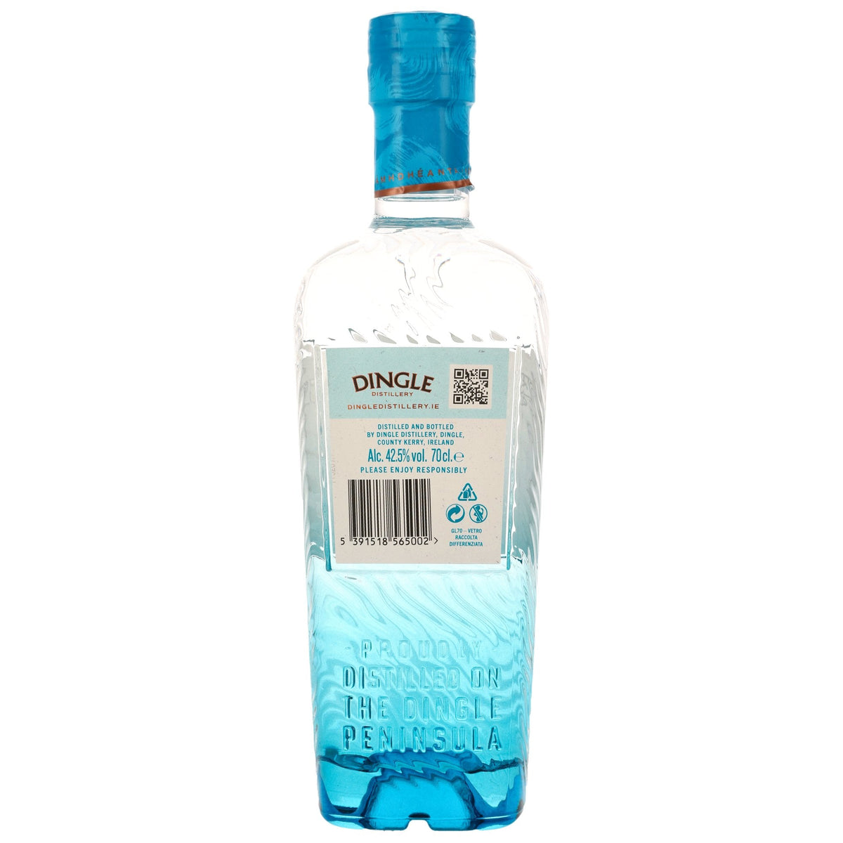 Schwarzbach Spirits Dingle Gin Flaschenrückseite mit blauem Farbverlauf und Informationen zur irischen Destillerie