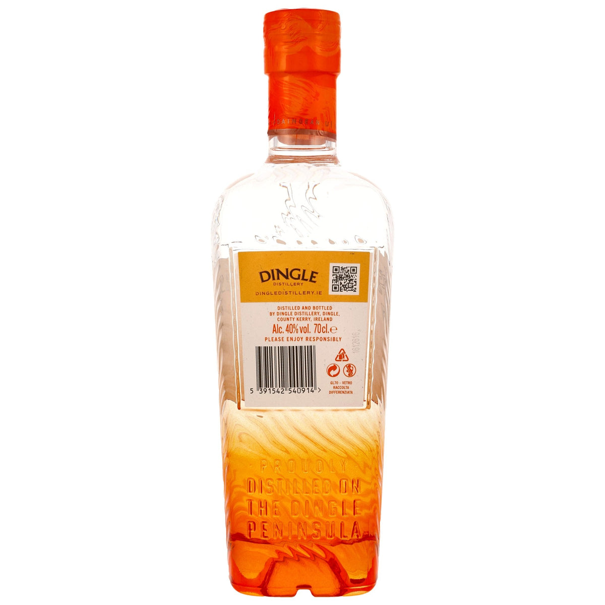 Schwarzbach Spirits Dingle Gin Orange & Sea Salt Flaschenrückseite mit Etikett und Prägung auf Glas