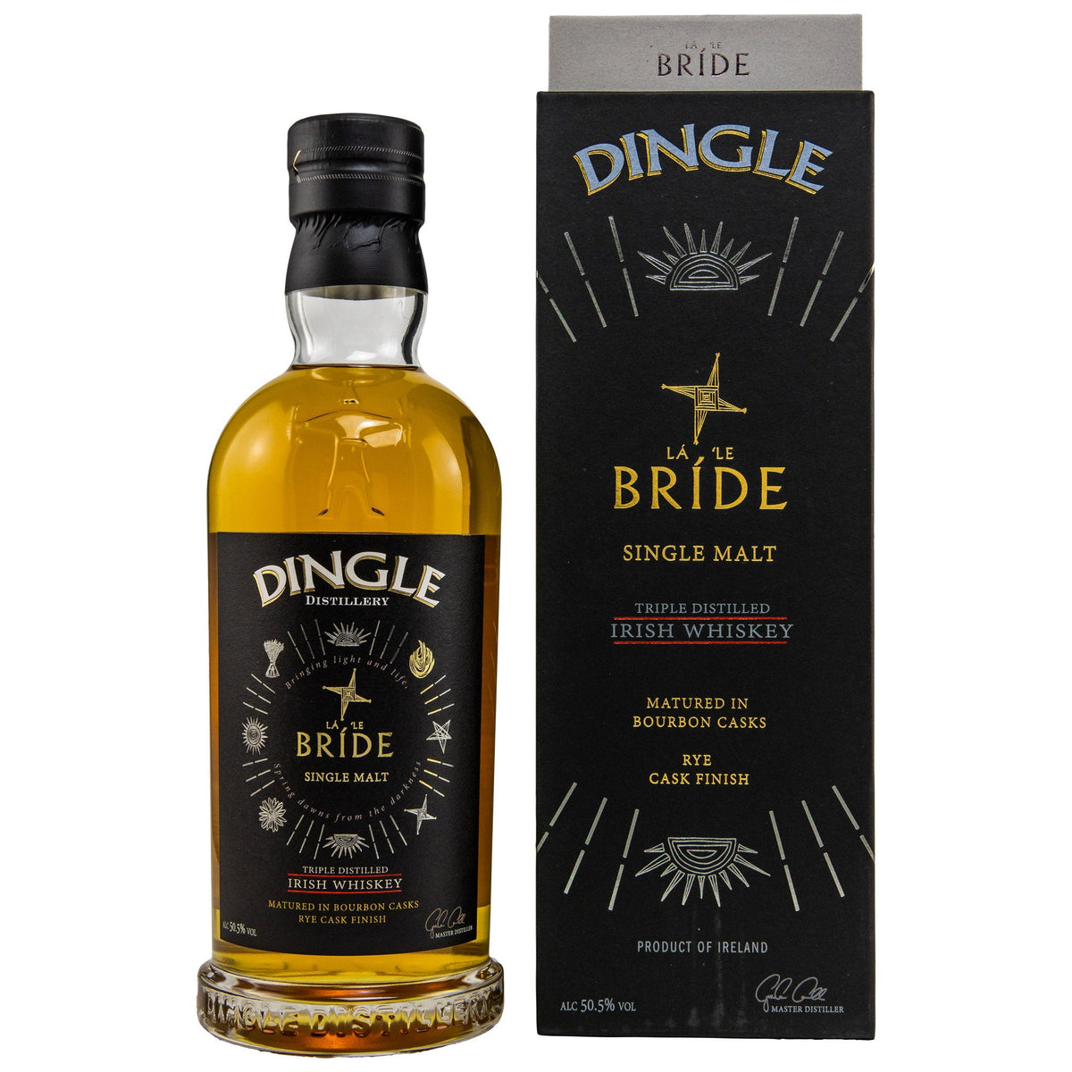 Schwarzbach Spirits Dingle La le Bride Single Malt Irish Whiskey mit dunkler Geschenkverpackung und goldenen Motiven.