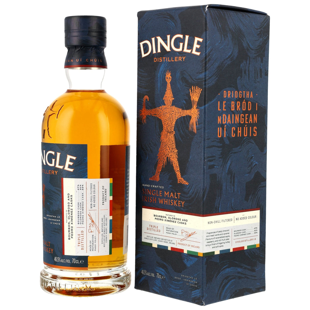 Schwarzbach Spirits Dingle Single Malt Irish Whiskey Flasche mit blauer Geschenkverpackung vor weißem Hintergrund