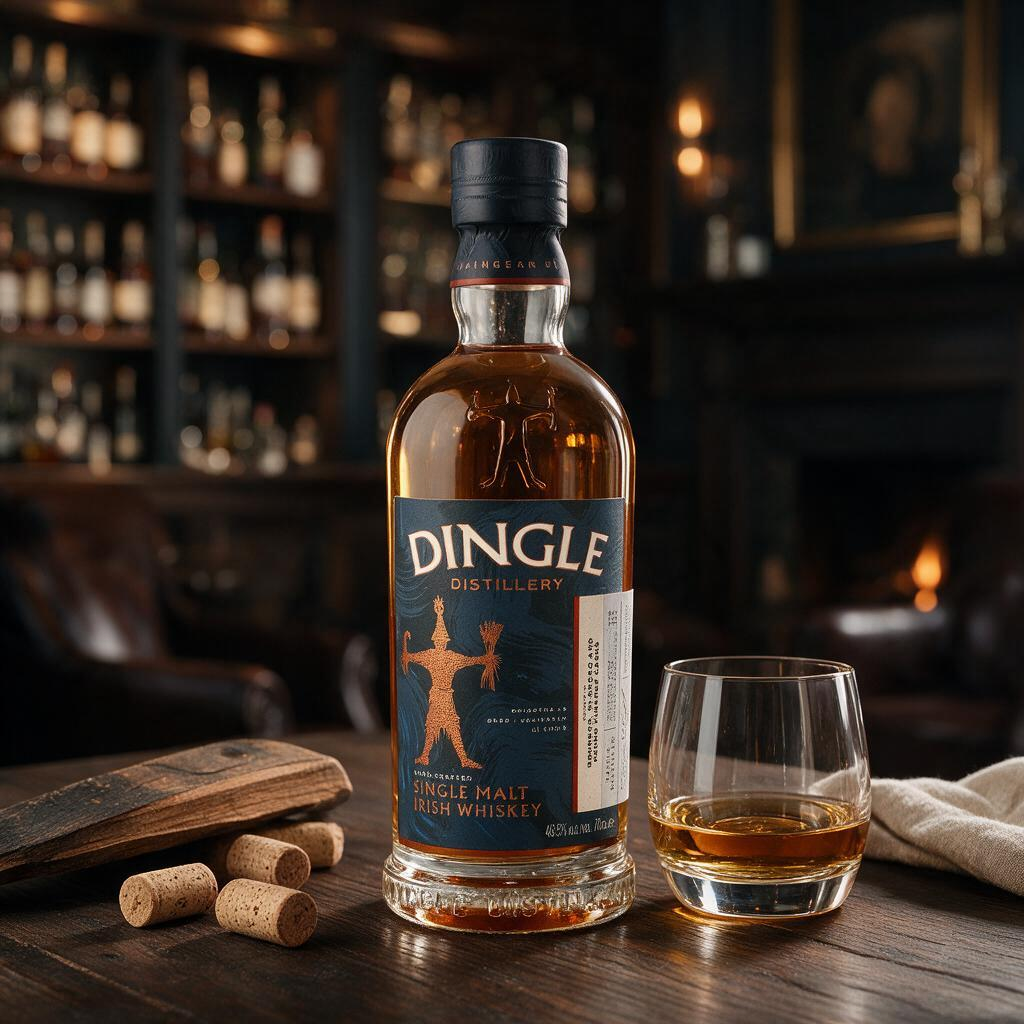 Schwarzbach Spirits Dingle Single Malt Irish Whiskey Flasche mit Glas auf Holztisch in einer Bar