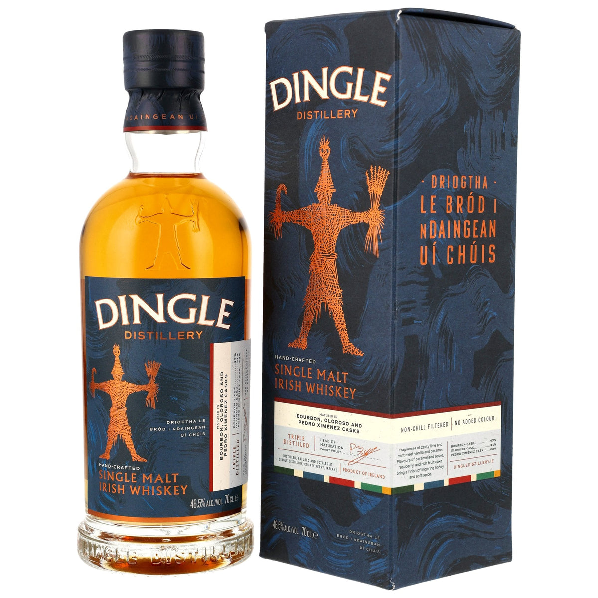 Schwarzbach Spirits Dingle Single Malt Irish Whiskey Flasche mit Verpackung, gereift in Bourbon- und Sherryfässern.