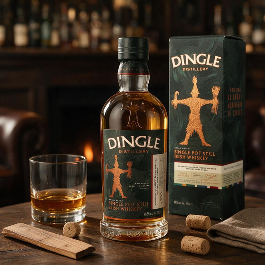 Schwarzbach Spirits Dingle Single Pot Still Irish Whiskey Flasche mit Geschenkverpackung und Glas auf Holztisch