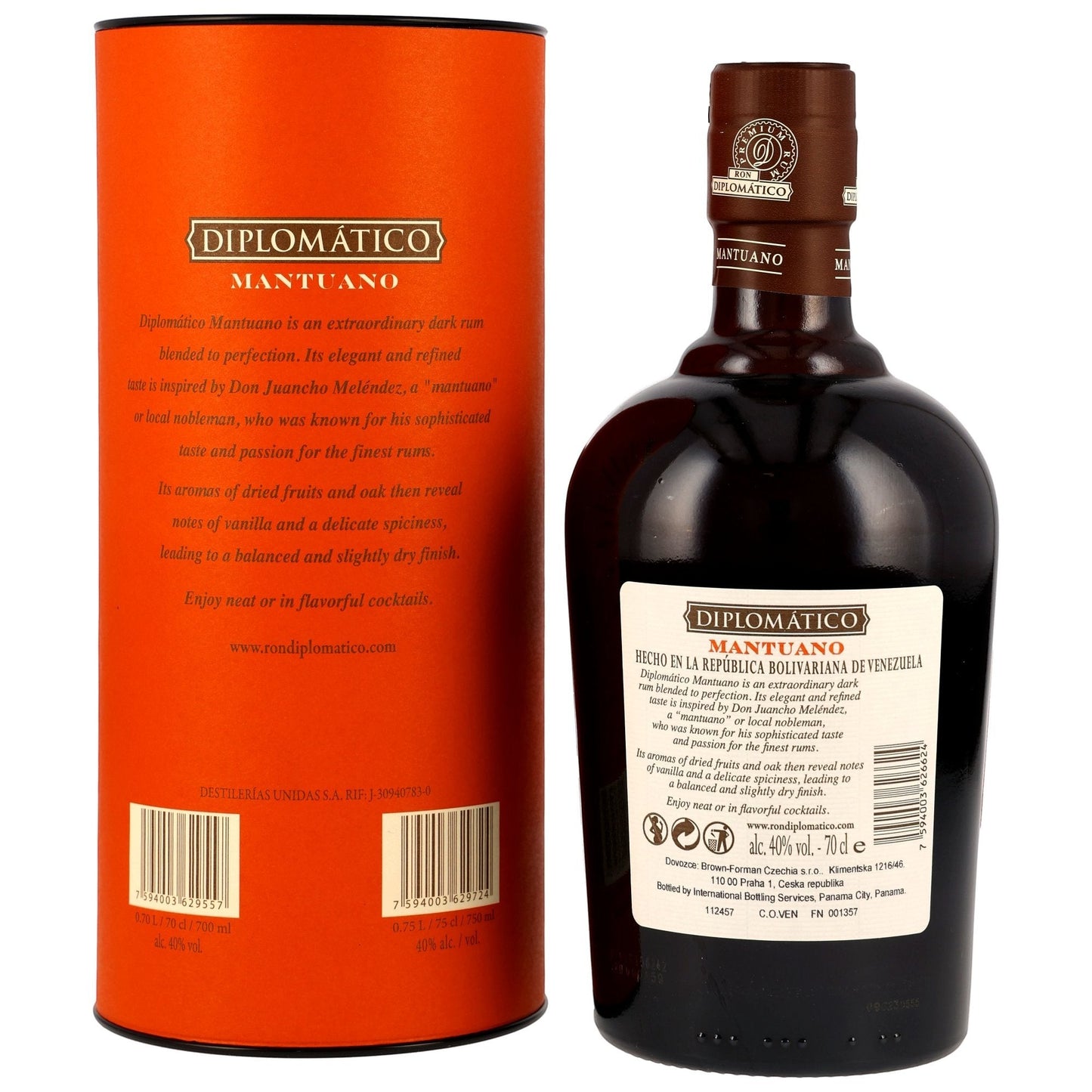 Schwarzbach Spirits DIPLOMATICO Mantuano dunkler Rum in Flasche mit Tube, 40% Vol., 0.7L