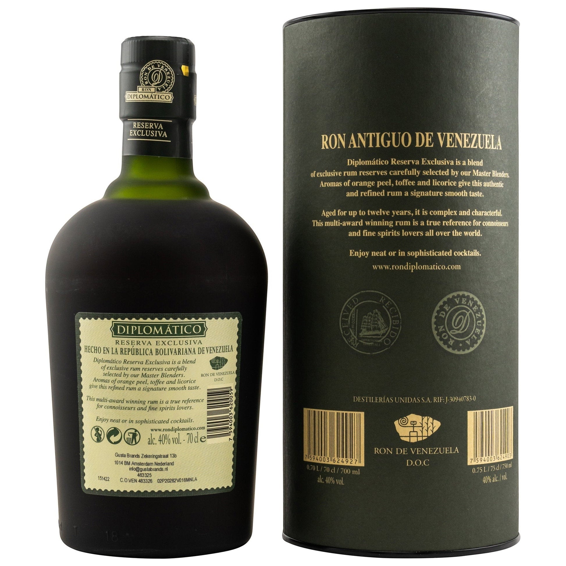 Schwarzbach Spirits DIPLOMATICO Reserva Exclusiva Rum in bernsteinfarbener Flasche mit Tube, 40% Vol.