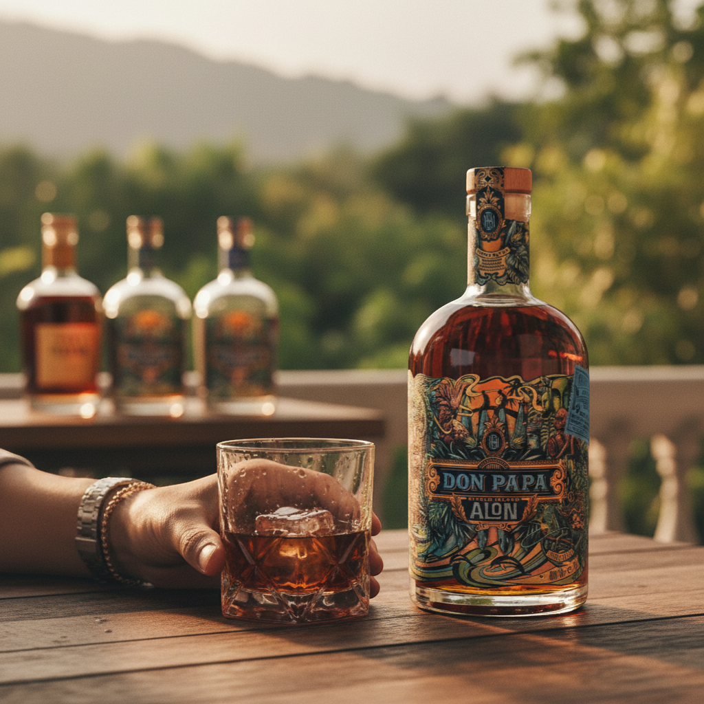 Schwarzbach Spirits Don Papa Alon Spiced Spirit Drink, 40% Vol., 70cl bottle with tropical label design featuring dolphins and lush foliage.