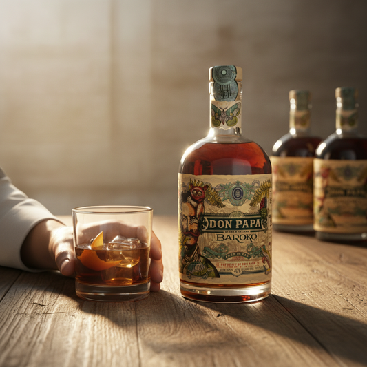 Schwarzbach Spirits Don Papa Baroko premium rum, 40% Vol., aged in oak, with notes of vanilla, honey, mango, and toffee.