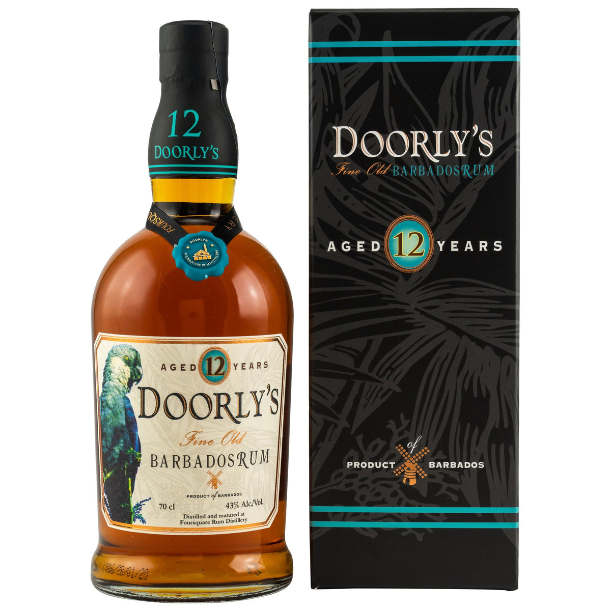 Schwarzbach Spirits Doorly's 12 Jahre Barbados Rum Flasche mit Geschenkverpackung und Papageien-Etikett