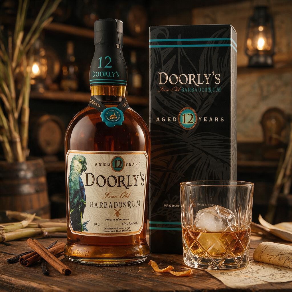 Schwarzbach Spirits Doorly's 12 Jahre Barbados Rum Flasche mit Geschenkverpackung und Glas auf einem Holztisch