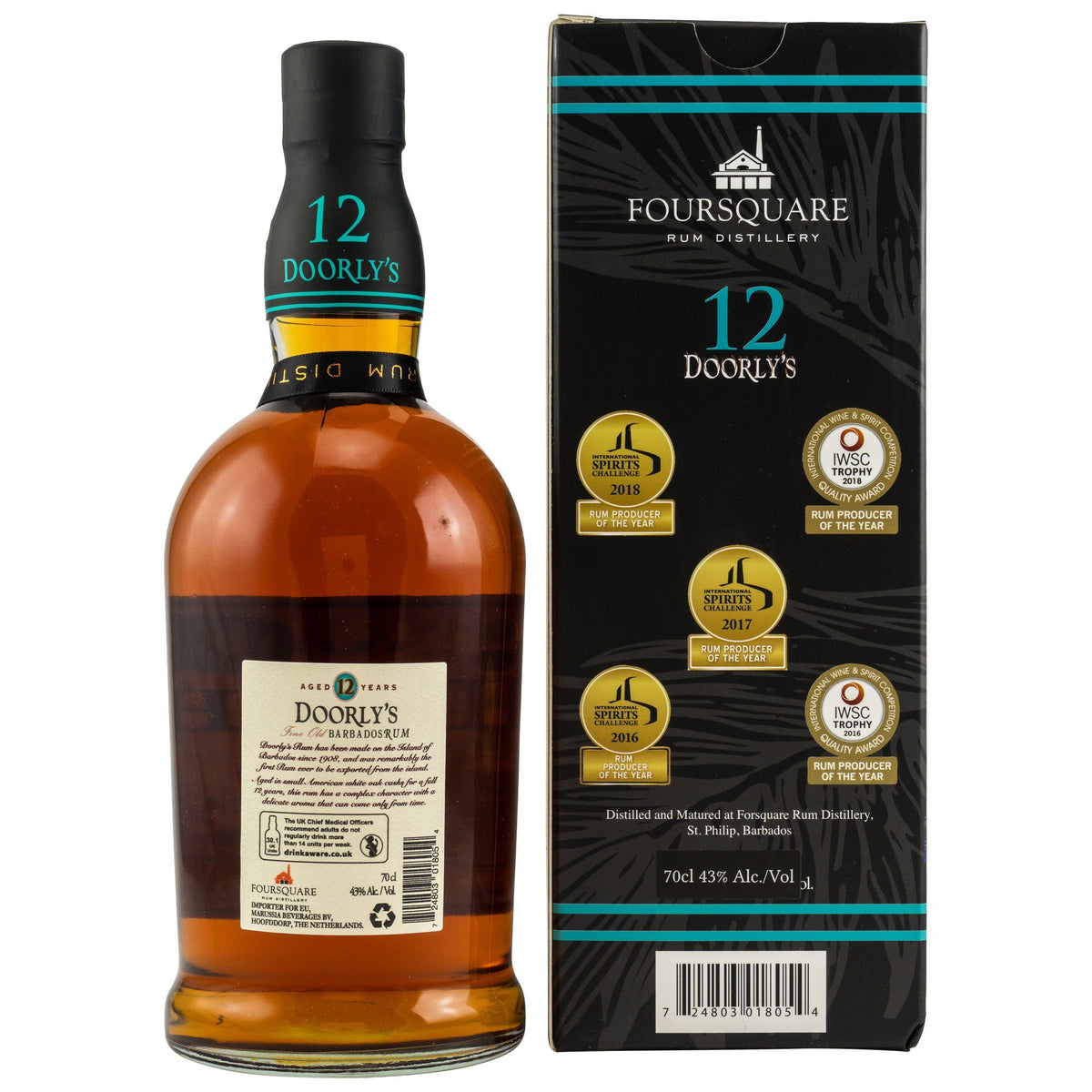Schwarzbach Spirits Doorly's 12 Jahre Barbados Rum Flasche mit Geschenkverpackung und Auszeichnungen