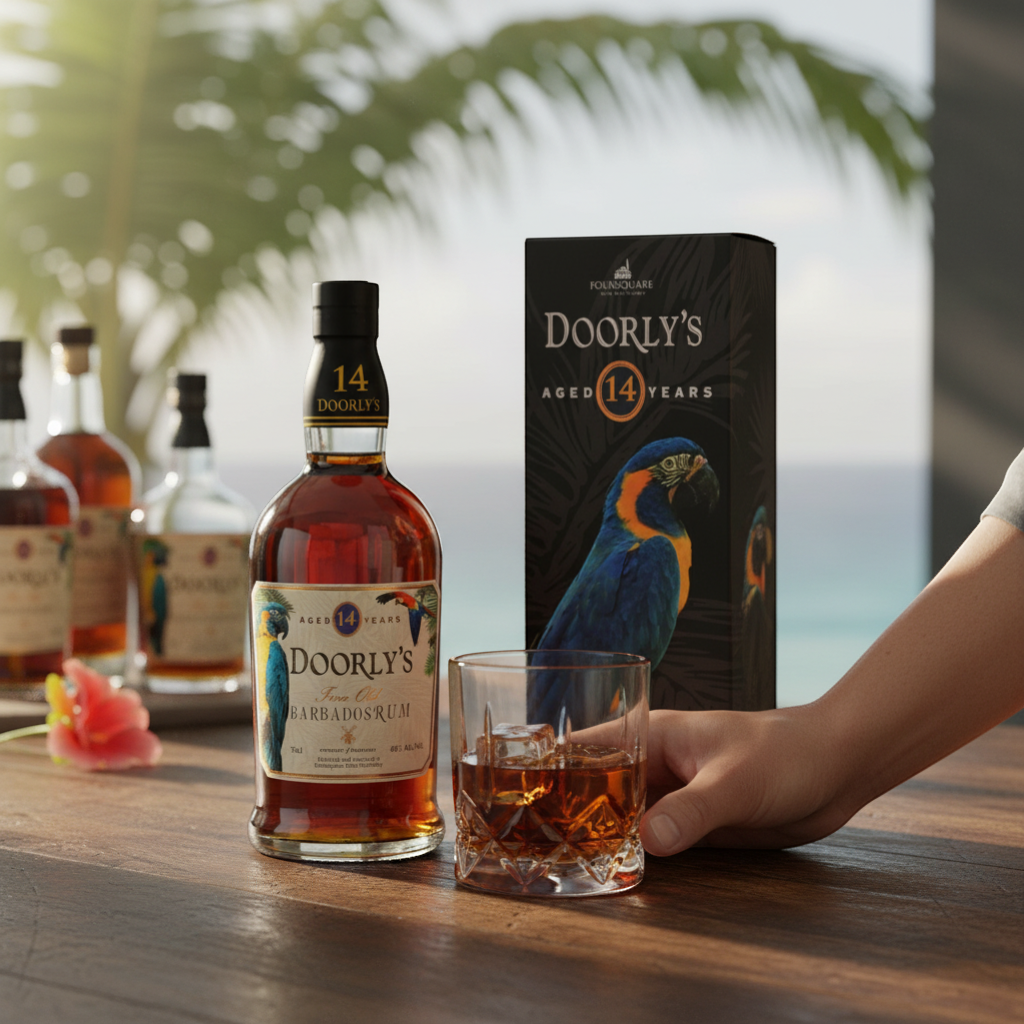 Schwarzbach Spirits Doorly's 14 Year Old Barbados Rum, aged 48% Vol. with notes of vanilla, caramel, coconut, and dark chocolate.