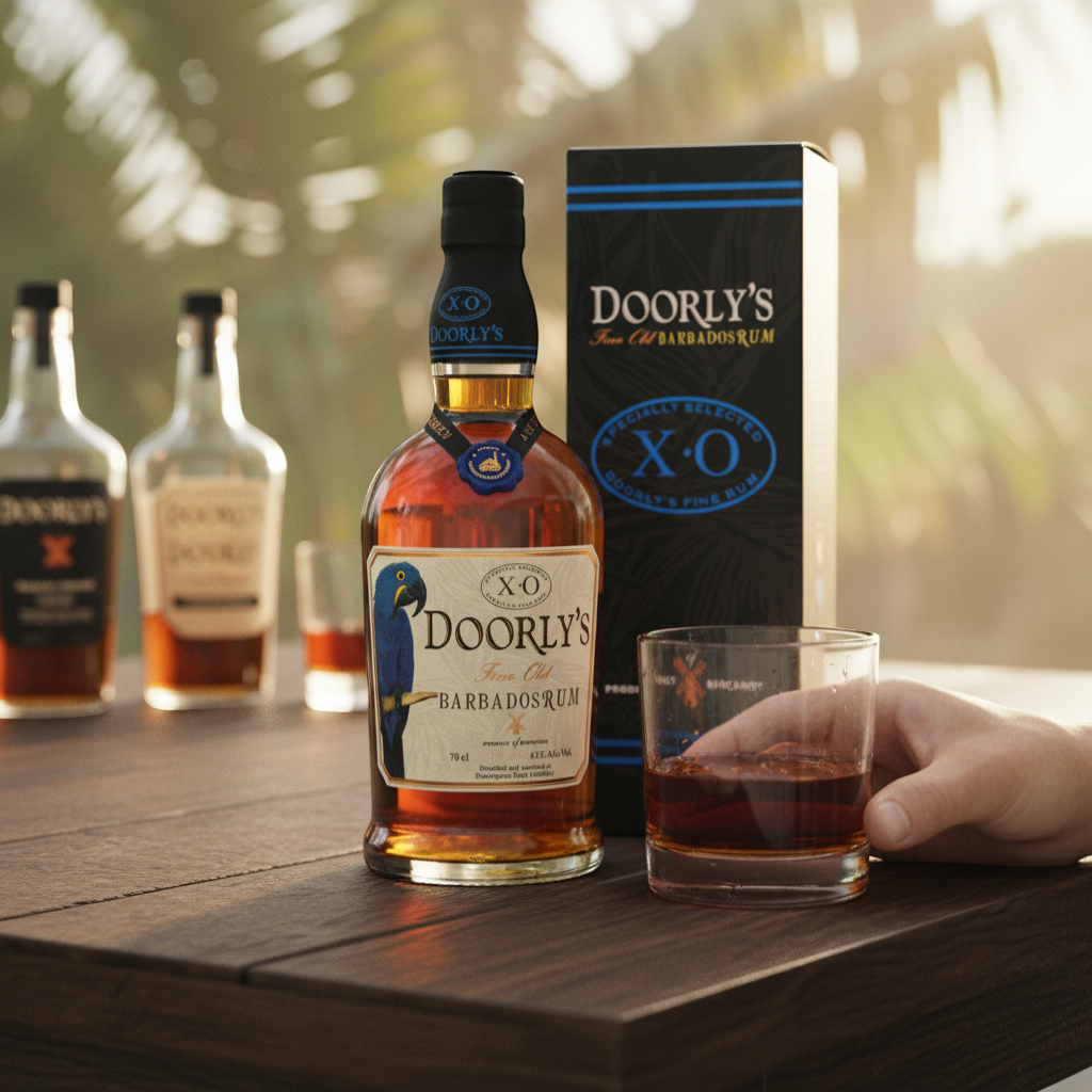 Schwarzbach Spirits Doorly's XO Fine Old Barbados Rum, 43% Vol. Amber rum with a blue parrot on the label. Notes of vanilla, caramel, and tropical fruit.