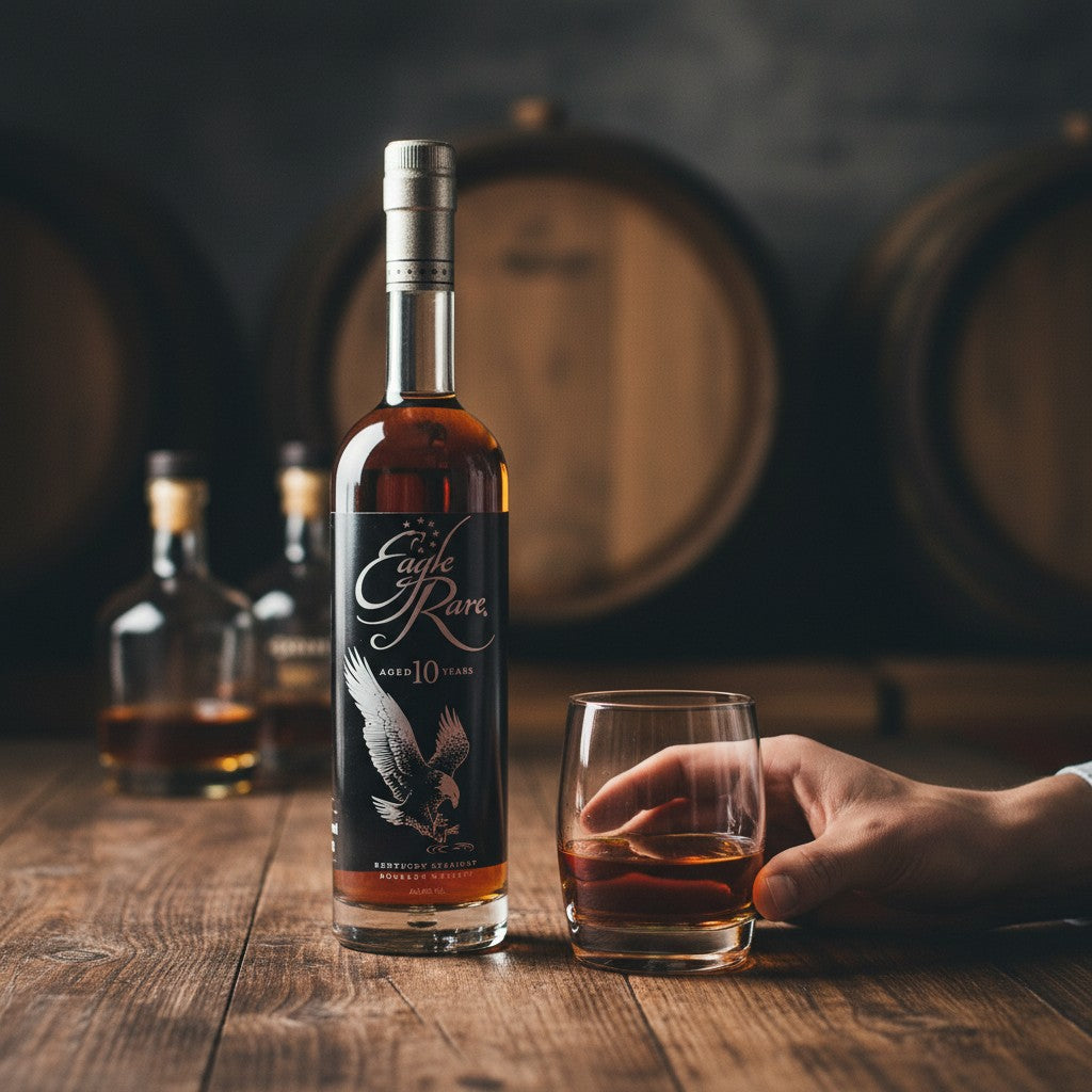 Schwarzbach Spirits: Eagle Rare 10 Jahre Bourbon Whiskey, 45% Vol., bernsteinfarben, in langer Flasche.