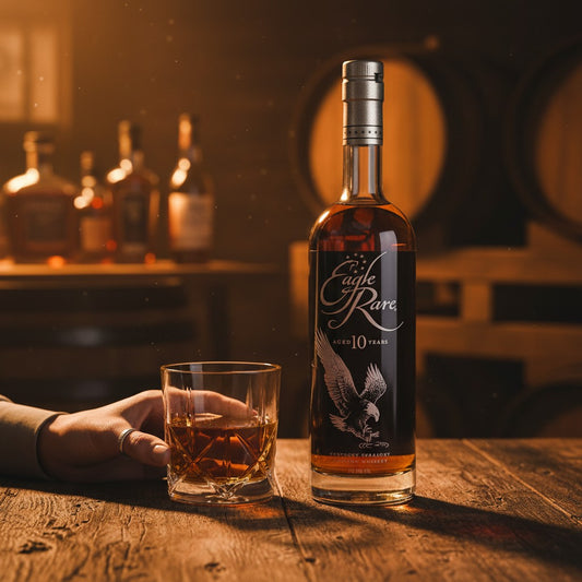 Schwarzbach Spirits Eagle Rare 10 Jahre Kentucky Straight Bourbon Whiskey, 45% Vol., dunkle Bernsteinfarbe, mit Adler-Motiv auf dem Etikett.