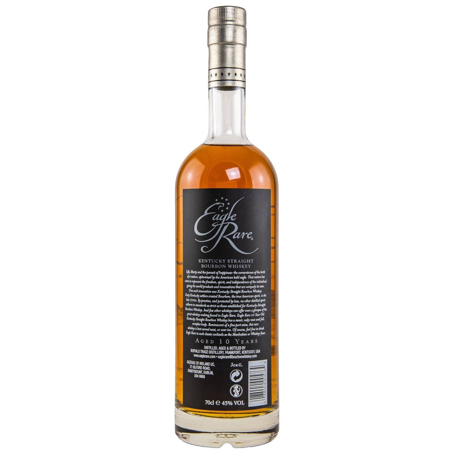Schwarzbach Spirits Eagle Rare 10 Jahre Kentucky Straight Bourbon Whiskey, 45% Vol., 70cl Flasche mit bernsteinfarbener Flüssigkeit.
