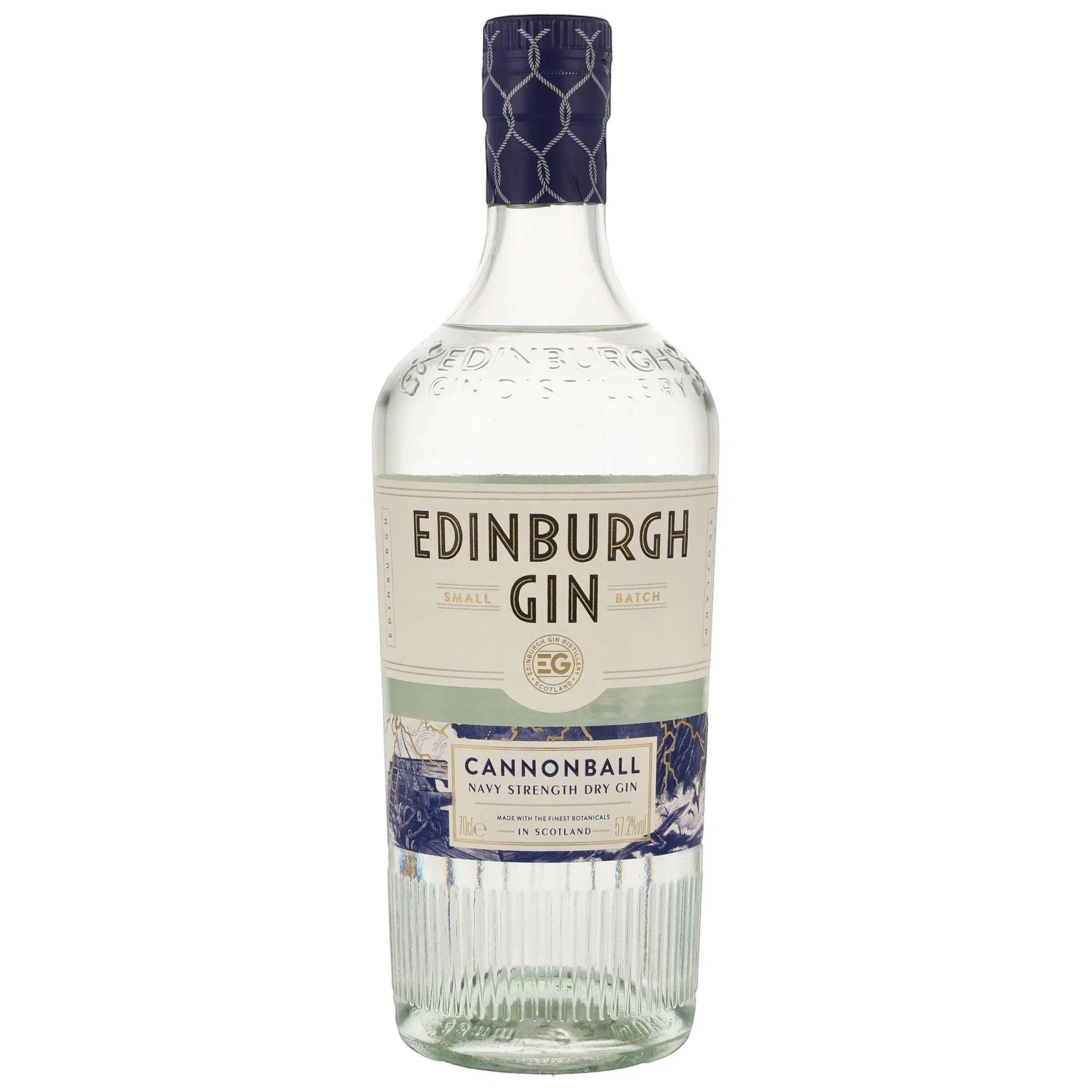 Schwarzbach Spirits Edinburgh Gin Cannonball Navy Strength Dry Gin, 57,2% Vol., 70cl. Clear bottle with a white label featuring navy blue accents and text.