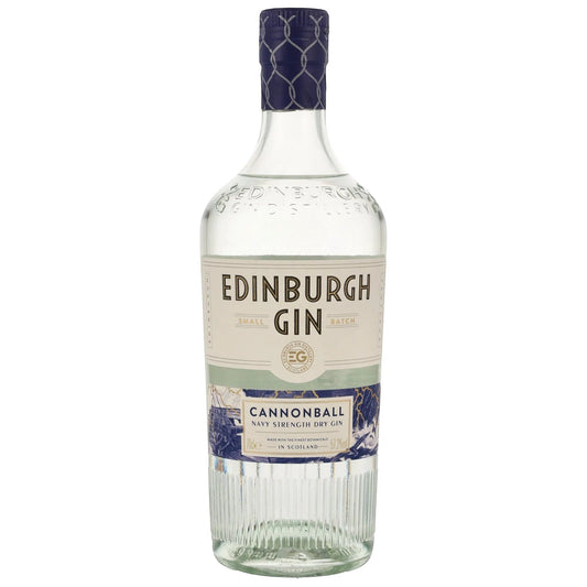 Schwarzbach Spirits Edinburgh Gin Cannonball Navy Strength Dry Gin, 57,2% Vol., 70cl. Clear bottle with a white label featuring navy blue accents and text.