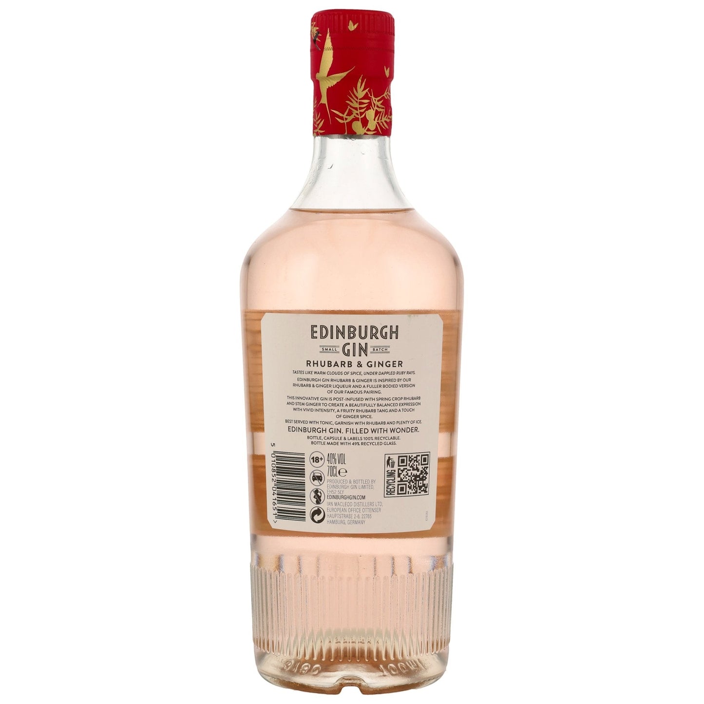 Schwarzbach Spirits: Edinburgh Gin Rhubarb & Ginger 40% Vol. 70cl Flasche mit rosa Gin, rotem Etikett und roten Akzenten auf der Kapsel.
