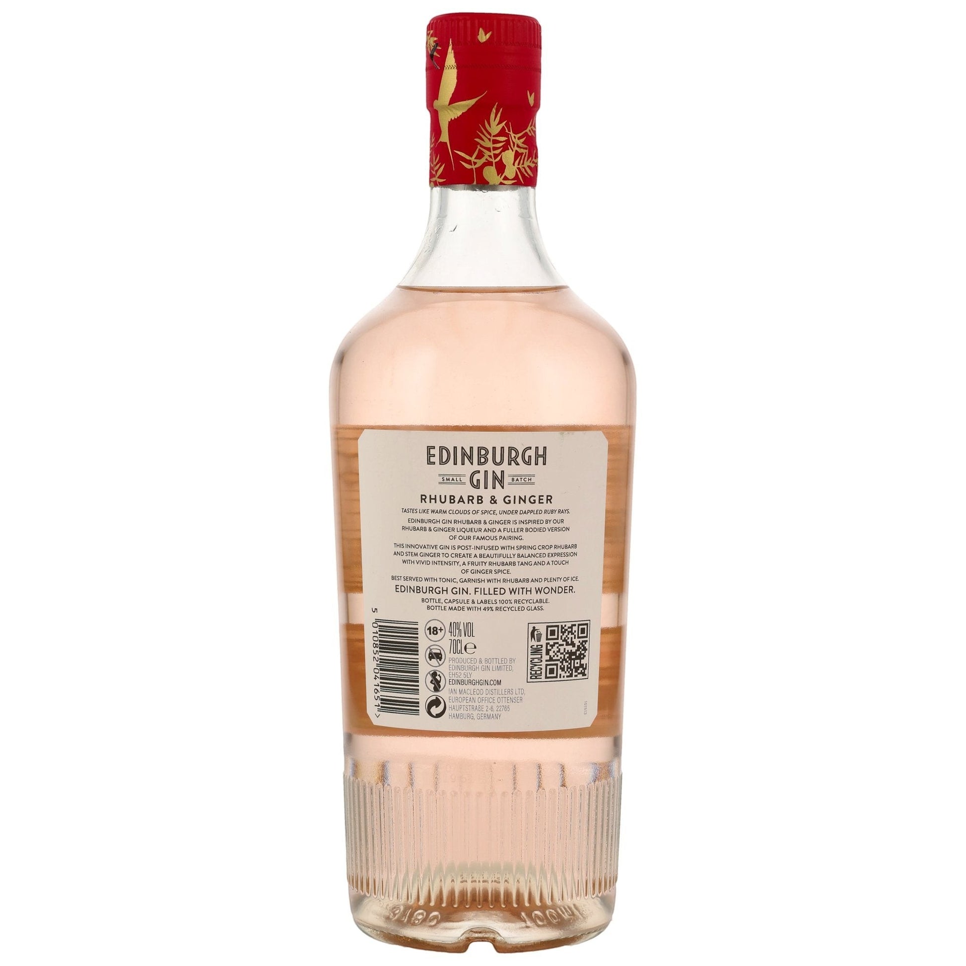 Schwarzbach Spirits: Edinburgh Gin Rhubarb & Ginger 40% Vol. 70cl Flasche mit rosa Gin, rotem Etikett und roten Akzenten auf der Kapsel.