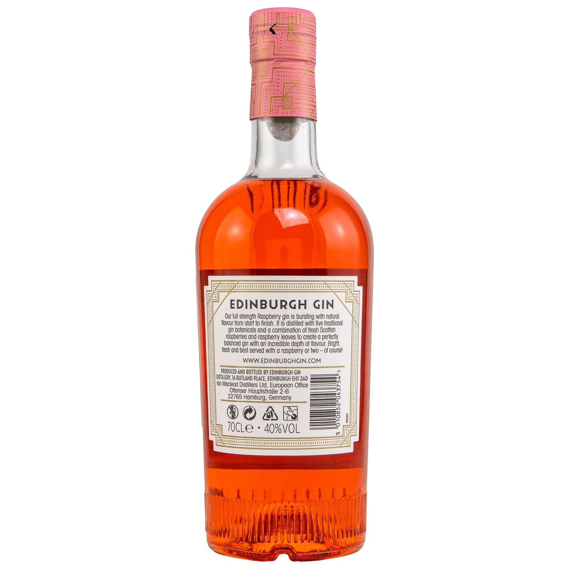 Schwarzbach Spirits Edinburgh Raspberry Gin 40% Vol. 0.7L, ein klarer, leuchtend roter Gin mit Himbeeraroma und einem auffälligen rosa Etikett.