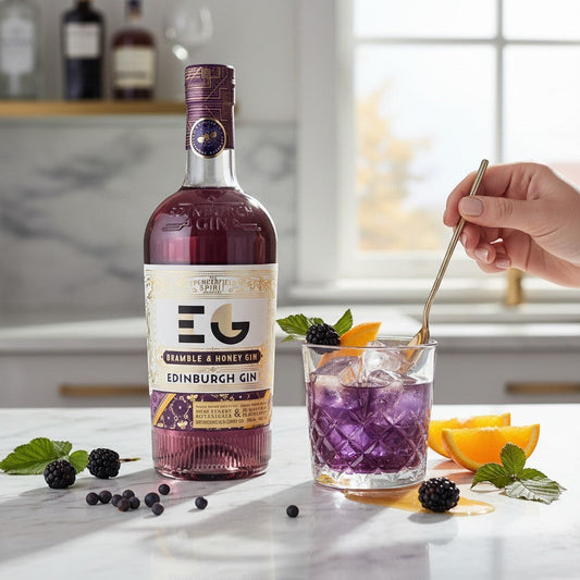 Schwarzbach Spirits Edinburgh Gin Bramble & Honey 40% Vol. Flasche und Drink mit Brombeeren und Orangenscheiben