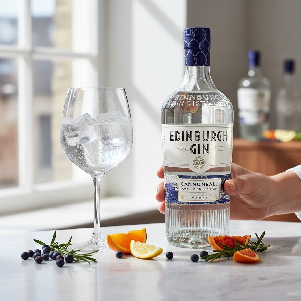 Schwarzbach Spirits: Edinburgh Gin Cannonball Navy Strength Gin mit 57,2% Vol. und Garnitur aus Wacholder, Rosmarin, Orange und Zitrone.