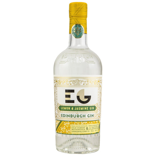 Schwarzbach Spirits Edinburgh Gin Lemon & Jasmine 40% Vol. 70cl Flasche mit gelbem Etikett und Zitronen- und Jasmin-Motiven.