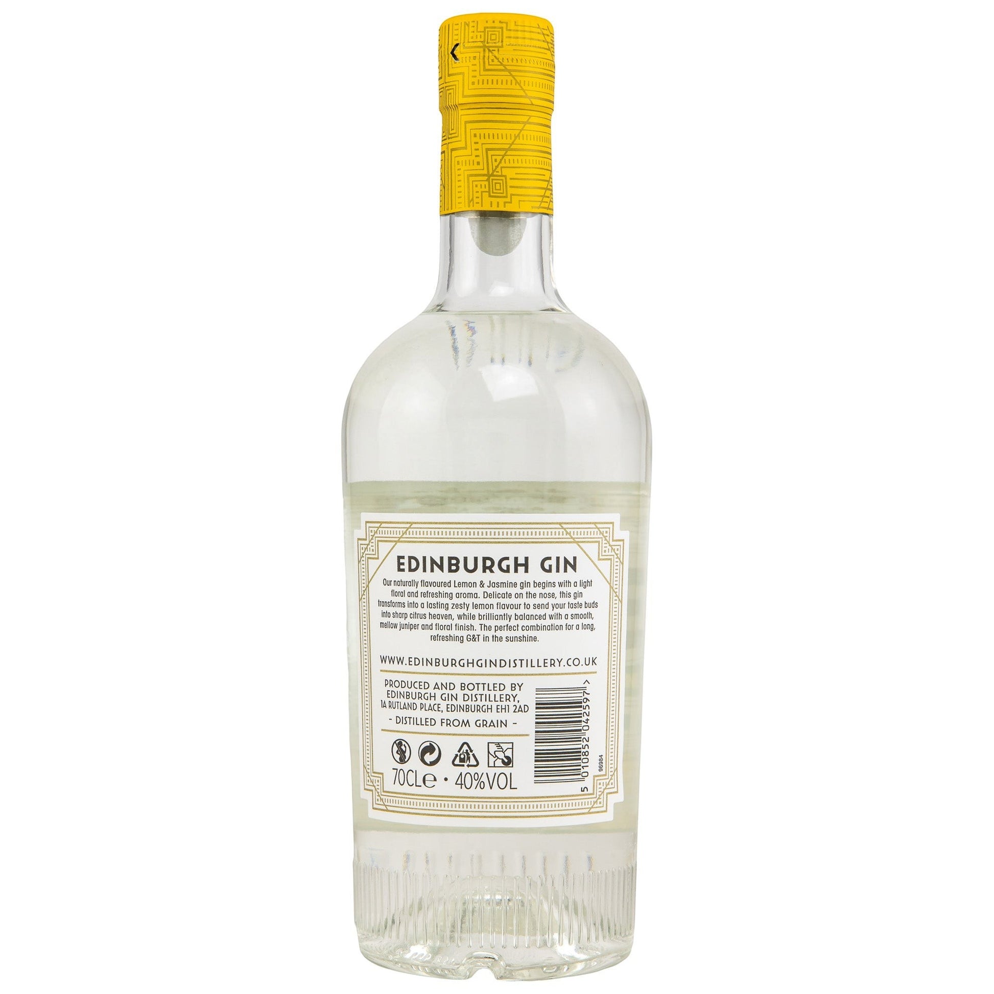 Schwarzbach Spirits Edinburgh Gin Lemon & Jasmine 40% Vol. 70cl Flasche mit gelbem Etikett und detailliertem Muster auf dem Verschluss.